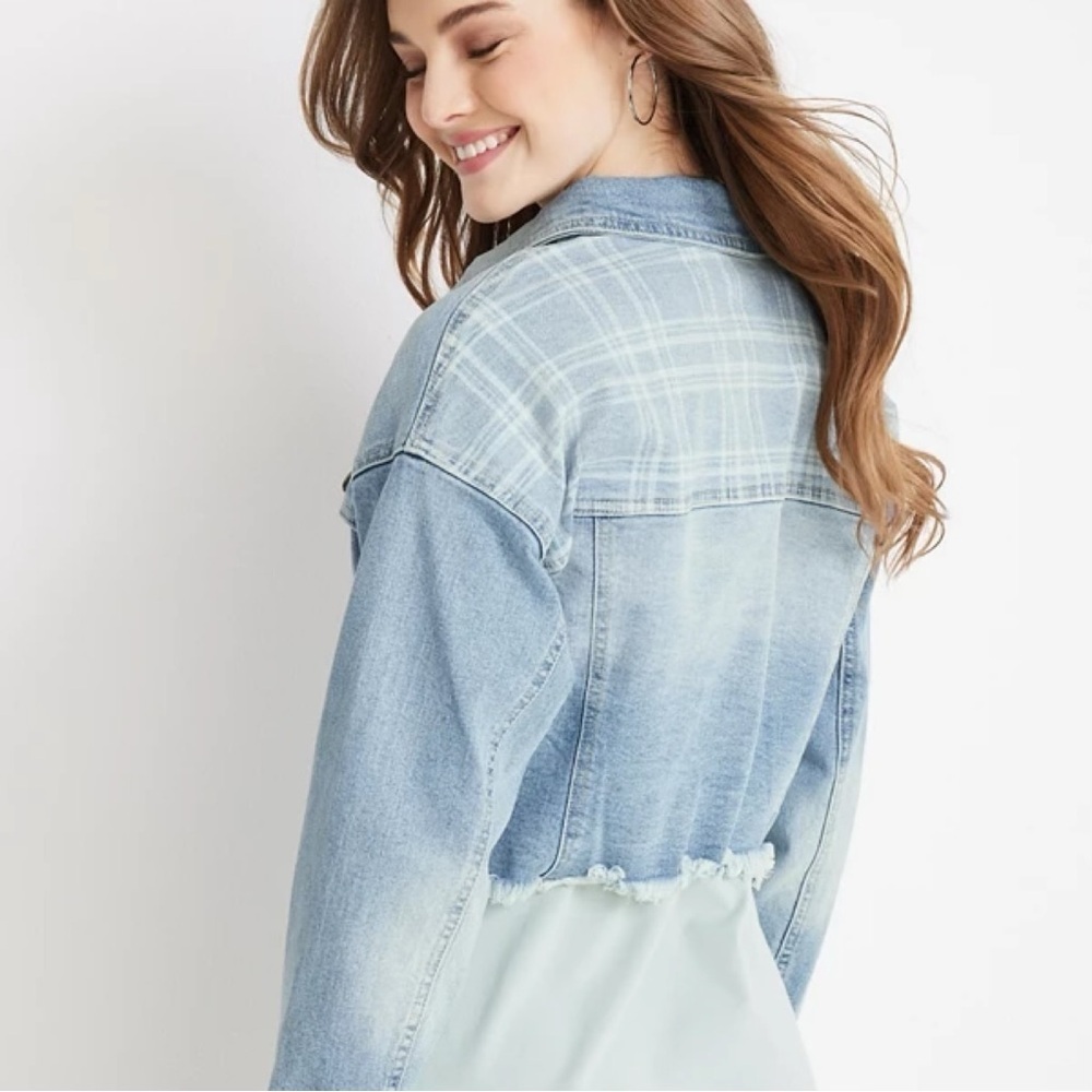 KanCan Jean Jacket Longsleeve Cropped Plaid Details Aligyn Frayed Hem Blue S